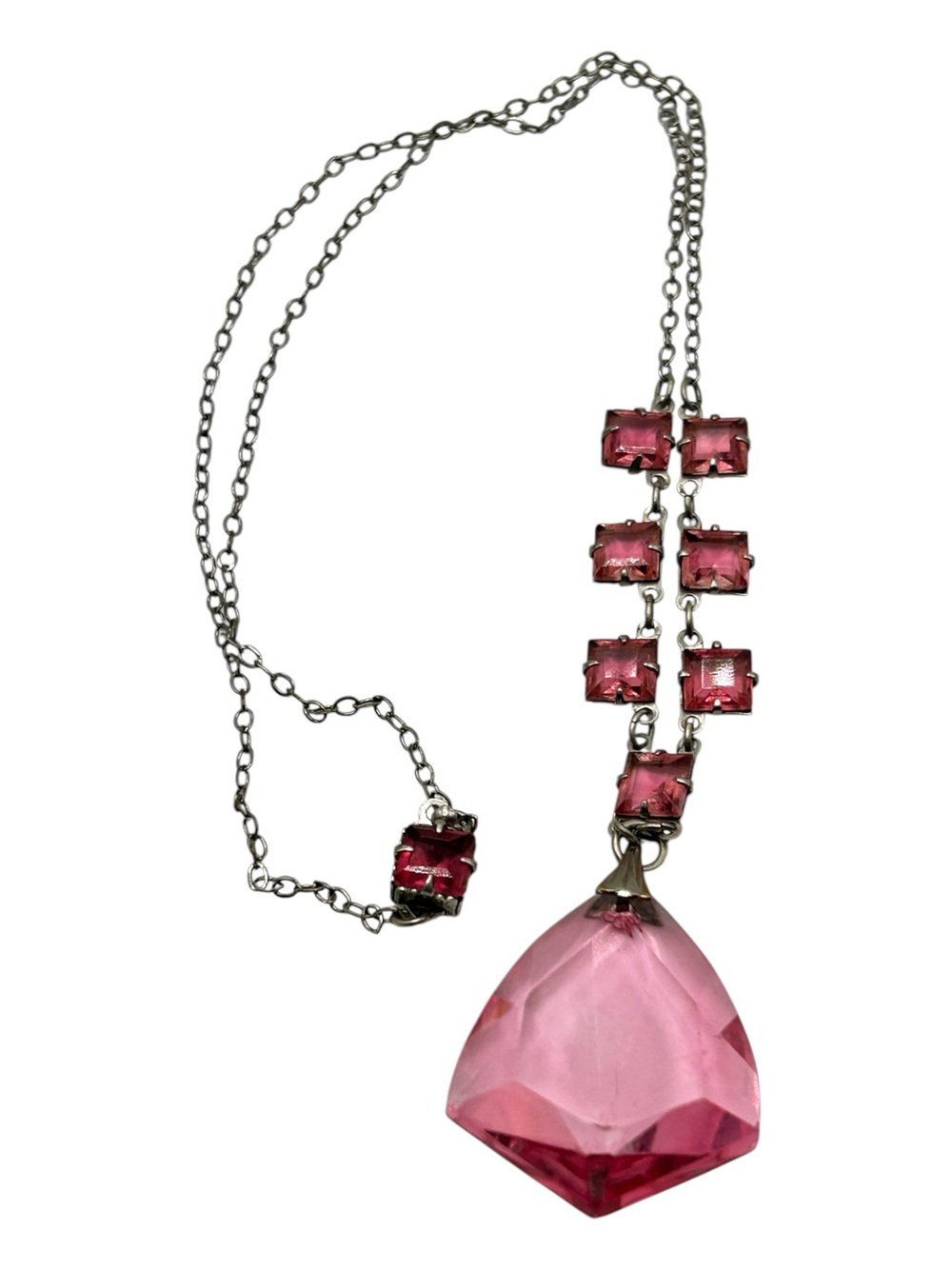 Art Deco Shield Shape Pink Glass Drop Necklace